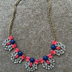 JCrew Gold necklace with pink, blue and clear rhinestone embellishments